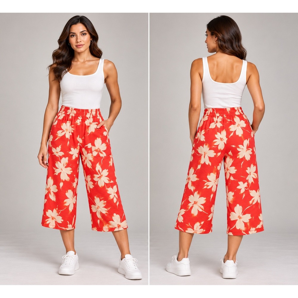Simply Vera Vera Wang Wide Leg Pants Womens XXL Red NWT Floral High Rise Crop